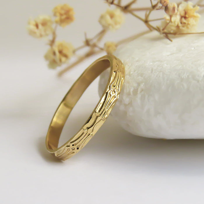 Geometric textured gold wedding band ring in 14k or 18k gold