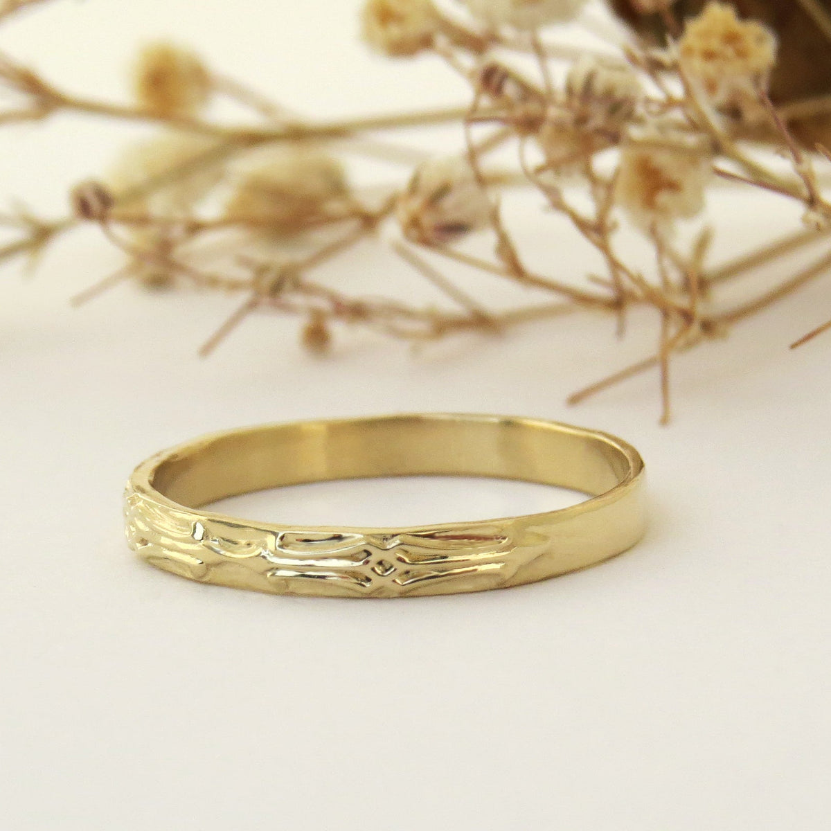 Geometric textured gold wedding band ring in 14k or 18k gold