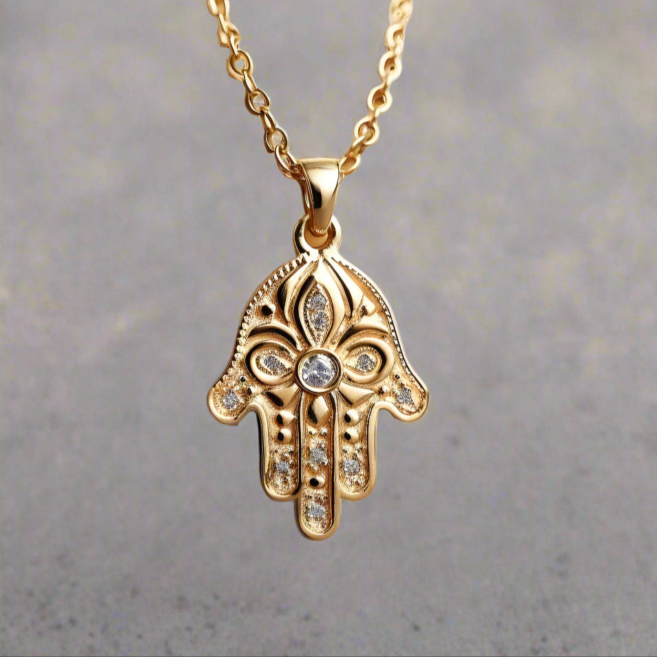 Hamsa Necklace, 14K Gold Hamsa Pendant, Floral Hamsa Necklace, Evil Eye Necklace, Hand Protection Necklace, Hamsa Israel, Israeli Jewelry