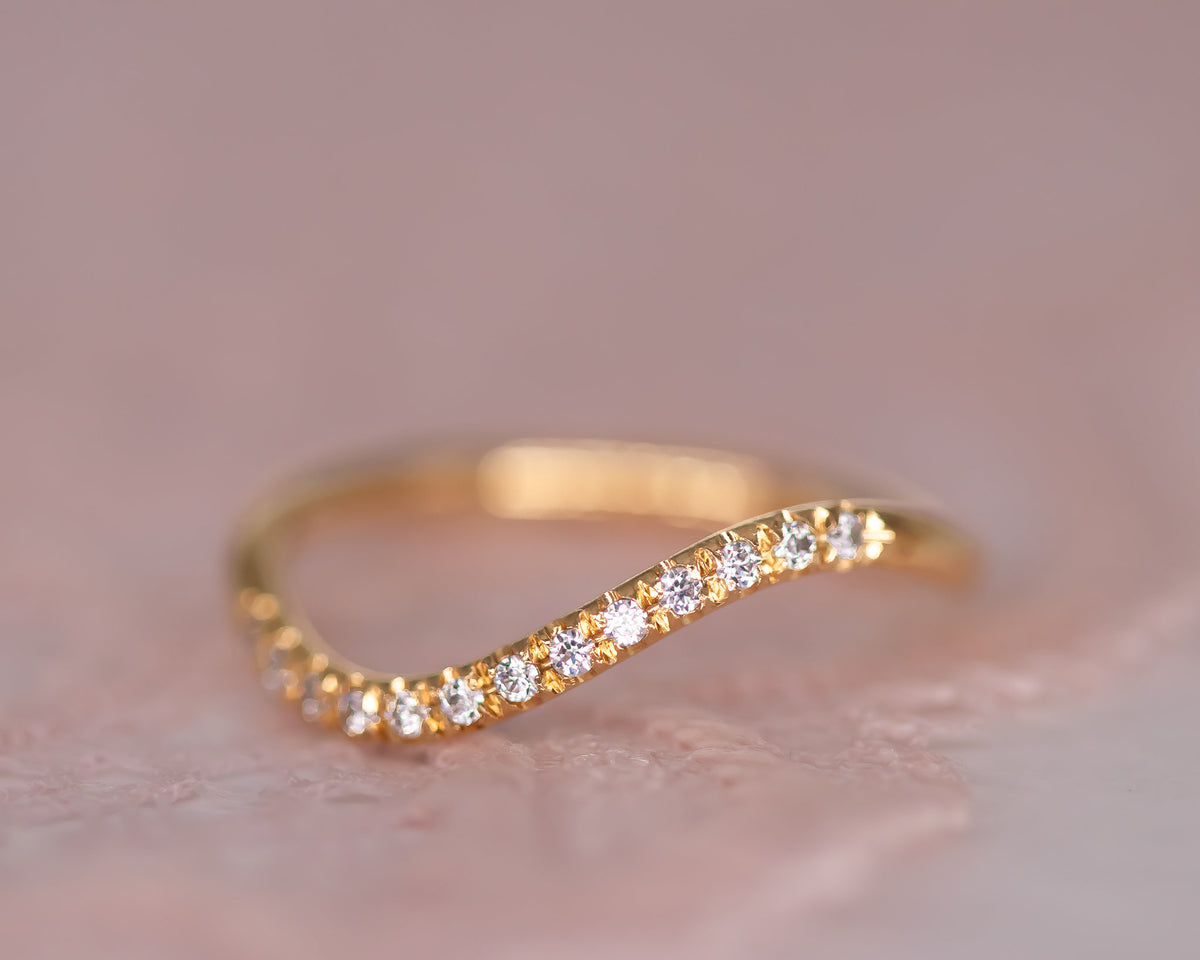 Wave curved diamond wedding ring, wave diamond ring, bridal ring, curved diamond band in 14k yellow gold