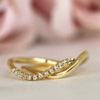 Wave diamond ring set, yellow gold wedding ring set, diamond bridal ring set