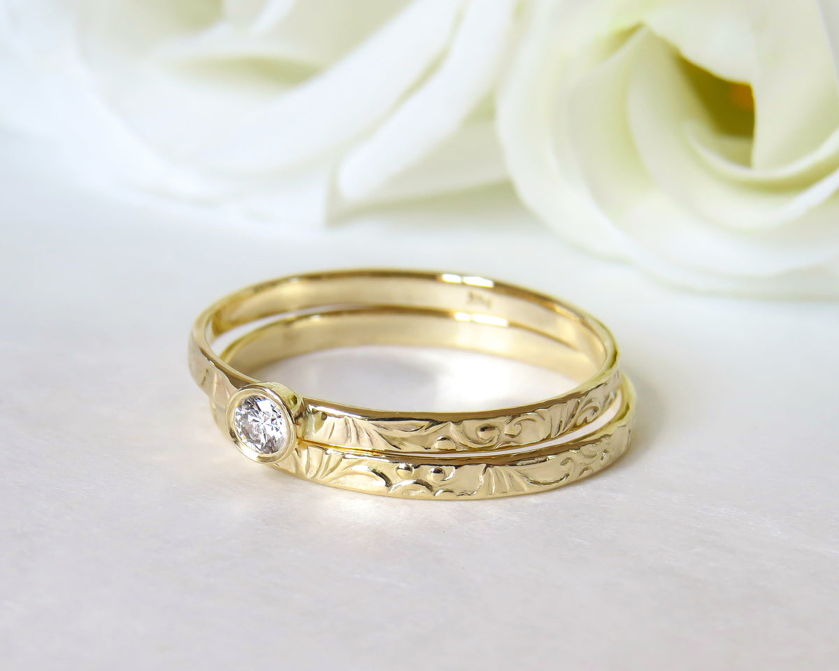 Dainty Floral Diamond Ring Set, Wedding Bridal Set