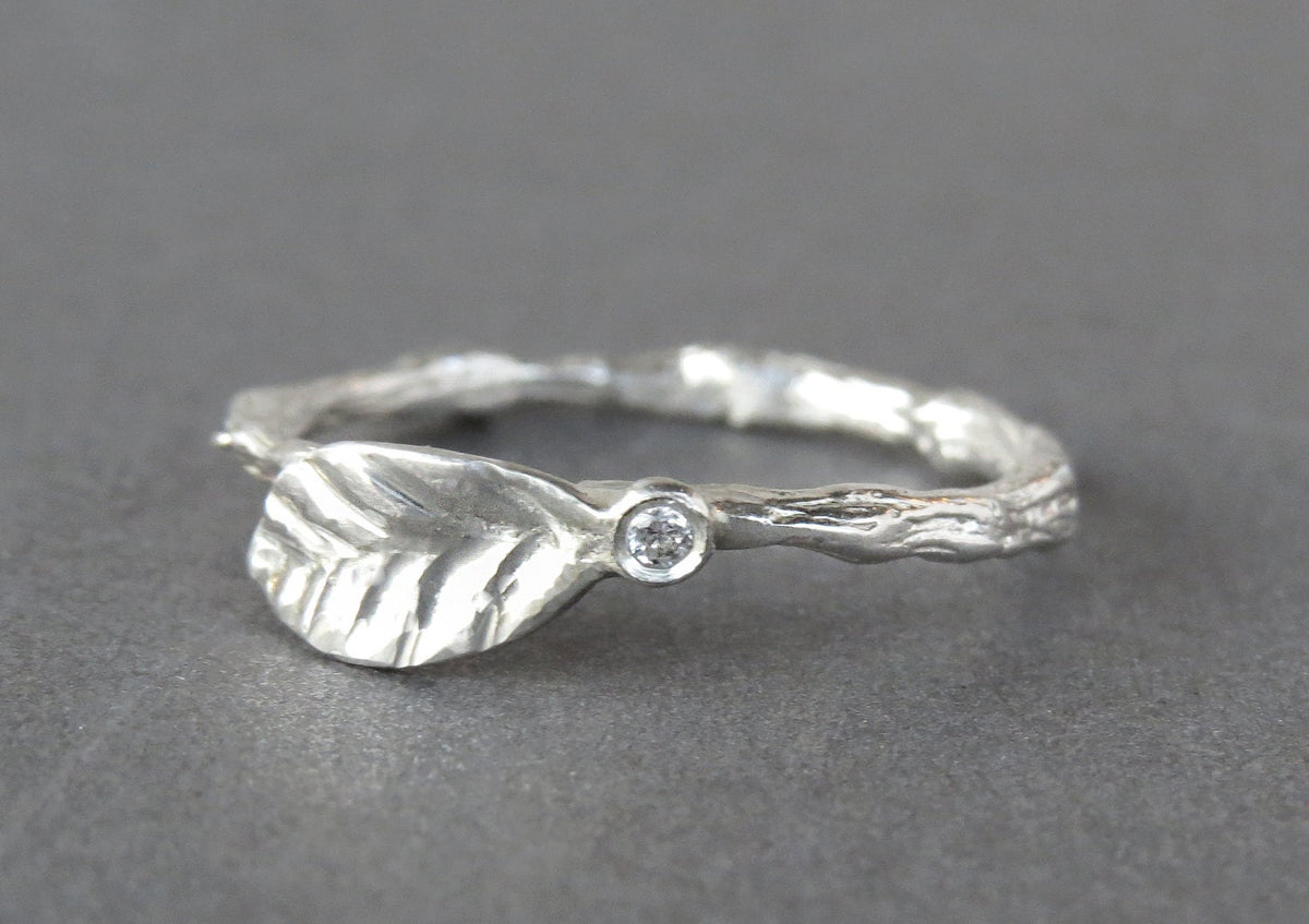 Leaf Ring, Diamond Gold Ring, Nature Inspired Twig Ring Gold Ring, Diamond Stacking Ring, Small Diamond Engagement Ring, Leaf and Twig, Gift