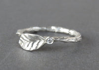 Leaf Ring, Diamond Gold Ring, Nature Inspired Twig Ring Gold Ring, Diamond Stacking Ring, Small Diamond Engagement Ring, Leaf and Twig, Gift