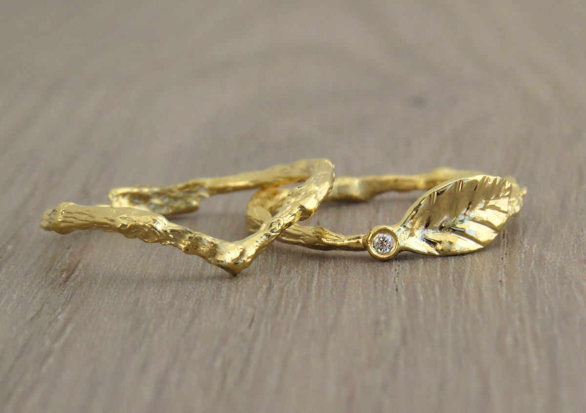 Leaf Ring, Diamond Gold Ring, Nature Inspired Twig Ring Gold Ring, Diamond Stacking Ring, Small Diamond Engagement Ring, Leaf and Twig, Gift