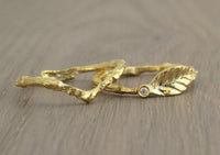 Leaf Ring, Diamond Gold Ring, Nature Inspired Twig Ring Gold Ring, Diamond Stacking Ring, Small Diamond Engagement Ring, Leaf and Twig, Gift