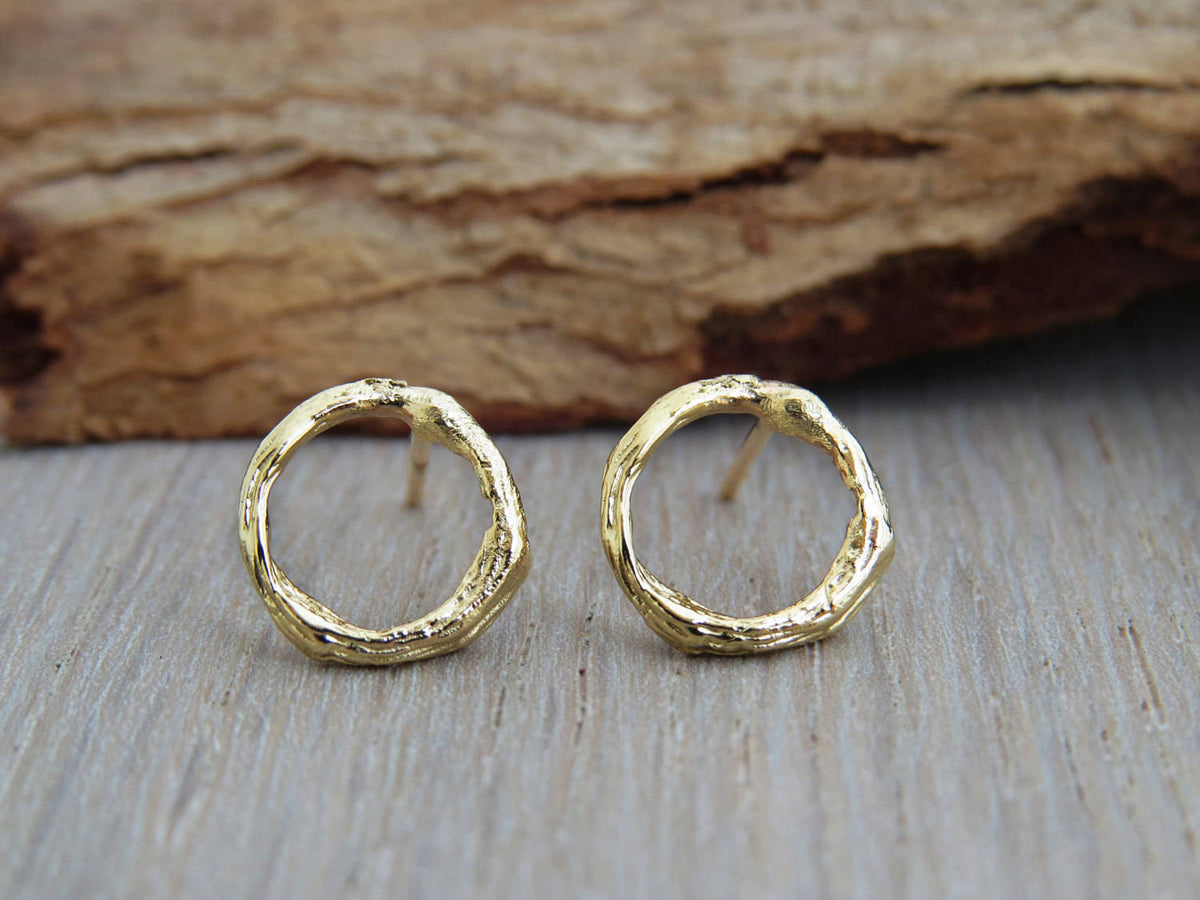 14k Gold Earrings, Circle Studs, Minimalist Earrings, Twig Earrings, Circle Earrings, Natural Earring, Branch Earrings, Round Gold Stud,Gift