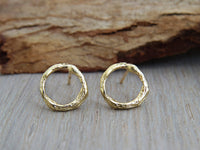 14k Gold Earrings, Circle Studs, Minimalist Earrings, Twig Earrings, Circle Earrings, Natural Earring, Branch Earrings, Round Gold Stud,Gift