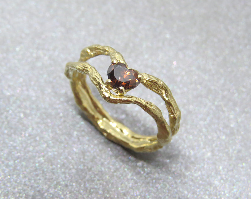 Brown Diamond Ring And Yellow Gold, Brown Diamond Engagement Ring, Heart Diamond Engagement Gold Ring, Heart Solitaire Ring, Unique Diamond