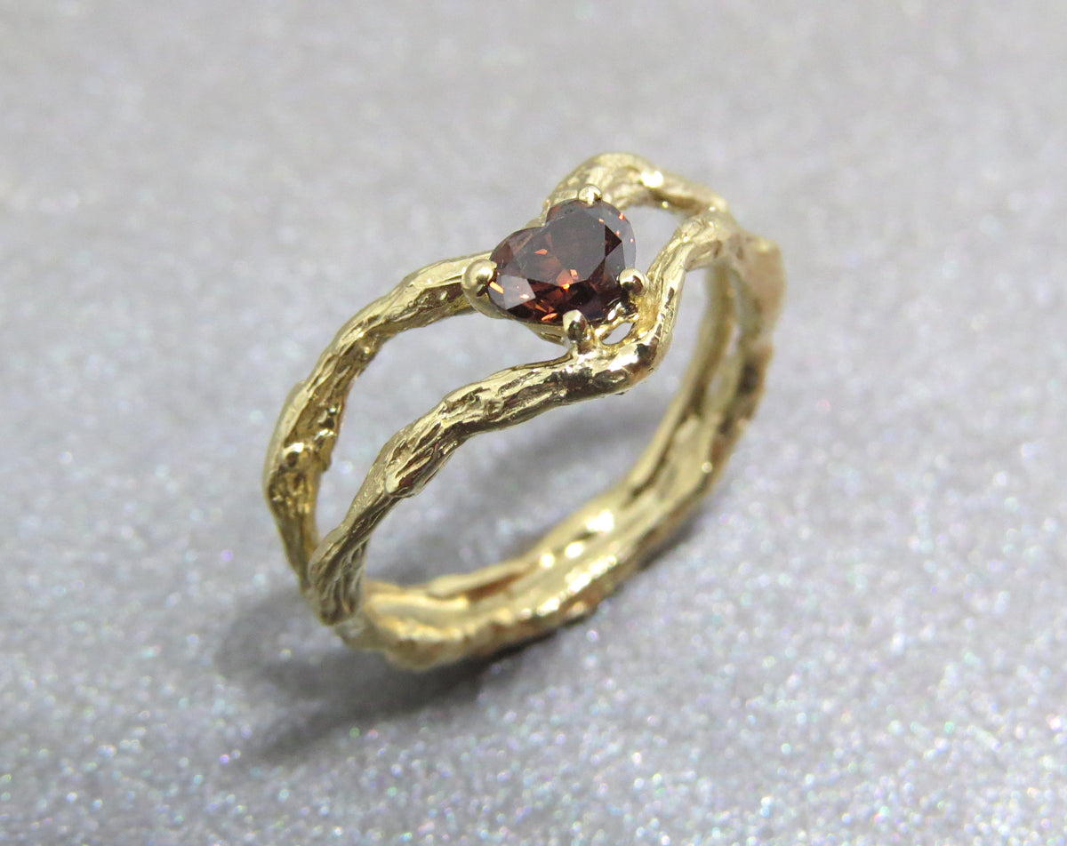 Brown Diamond Ring And Yellow Gold, Brown Diamond Engagement Ring, Heart Diamond Engagement Gold Ring, Heart Solitaire Ring, Unique Diamond