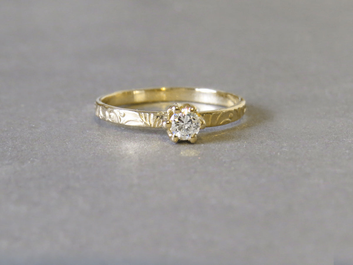 Engagement Ring Set, Diamond Ring Set, Gold Engagement Ring, Solitaire Diamond Ring, Floral Gold Ring, Yellow Gold Wedding Band, 14k Gold