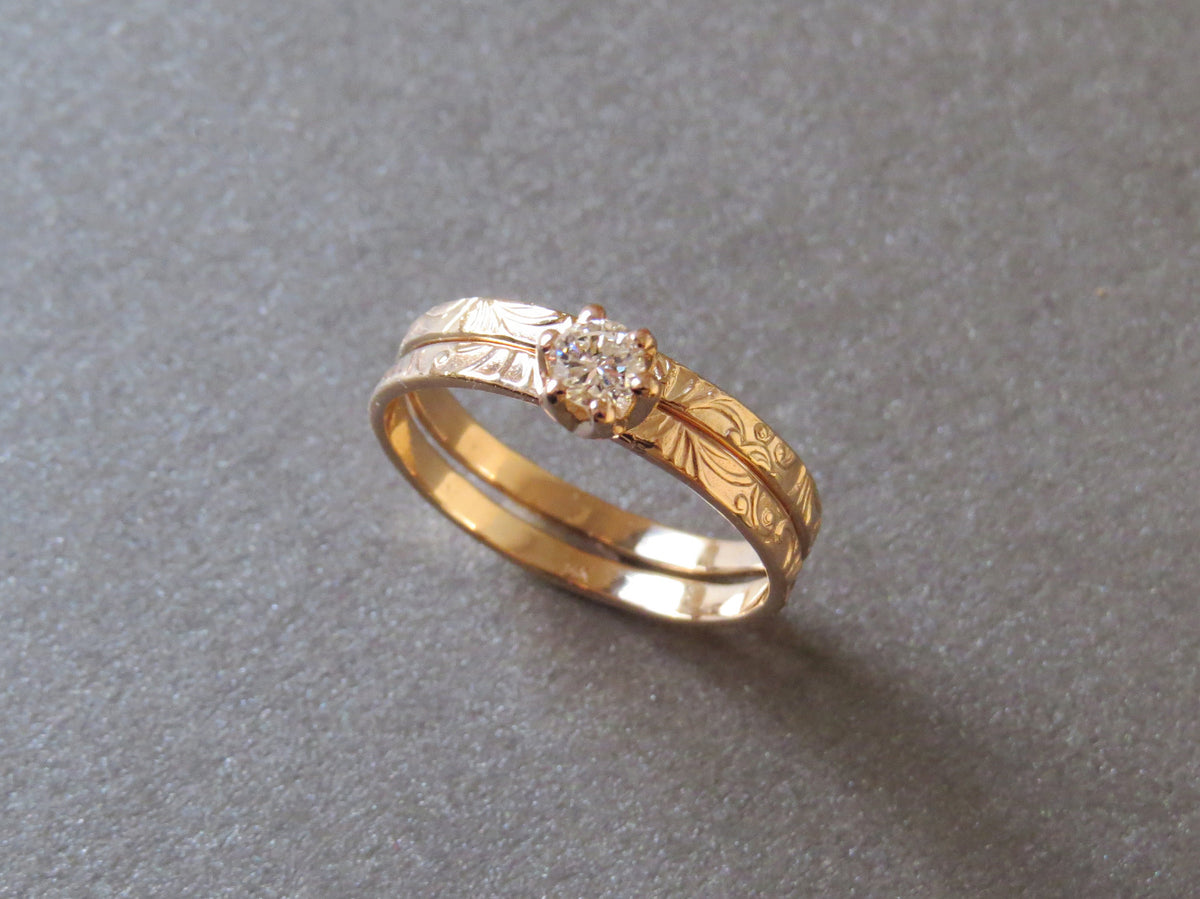 Engagement Ring Set, Diamond Ring Set, Gold Engagement Ring, Solitaire Diamond Ring, Floral Gold Ring, Yellow Gold Wedding Band, 14k Gold