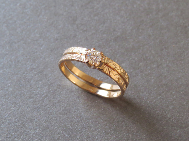 Engagement Ring Set, Diamond Ring Set, Gold Engagement Ring, Solitaire Diamond Ring, Floral Gold Ring, Yellow Gold Wedding Band, 14k Gold