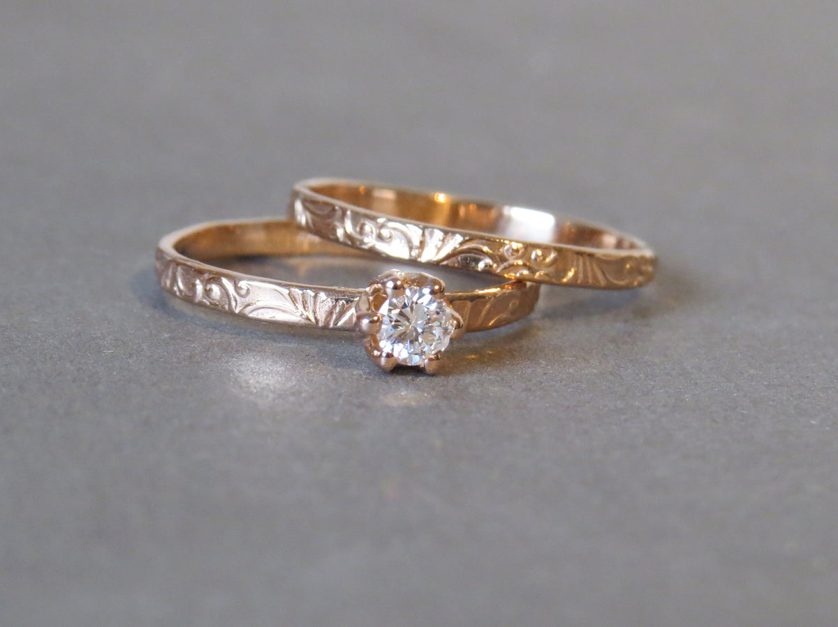 Engagement Ring Set, Diamond Ring Set, Gold Engagement Ring, Solitaire Diamond Ring, Floral Gold Ring, Yellow Gold Wedding Band, 14k Gold