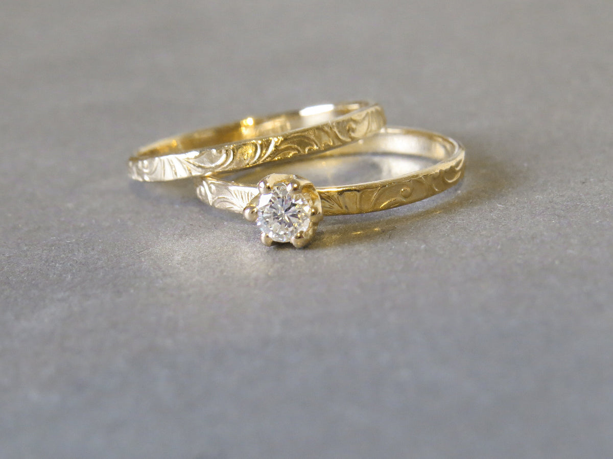 Engagement Ring Set, Diamond Ring Set, Gold Engagement Ring, Solitaire Diamond Ring, Floral Gold Ring, Yellow Gold Wedding Band, 14k Gold