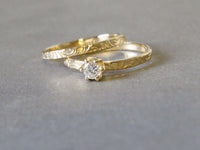 Engagement Ring Set, Diamond Ring Set, Gold Engagement Ring, Solitaire Diamond Ring, Floral Gold Ring, Yellow Gold Wedding Band, 14k Gold