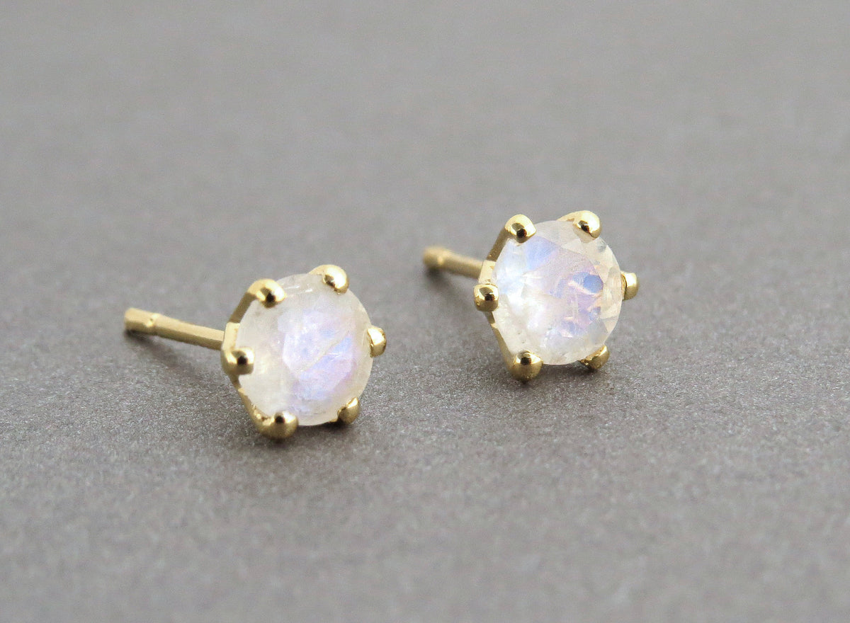 Gemstone Earrings, Moonstone Earrings, 14k Gold Earrings, Gold Stud Earrings, Solitaire Earrings, Anniversary Earrings, Rainbow Stone, Gift