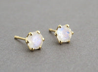 Gemstone Earrings, Moonstone Earrings, 14k Gold Earrings, Gold Stud Earrings, Solitaire Earrings, Anniversary Earrings, Rainbow Stone, Gift