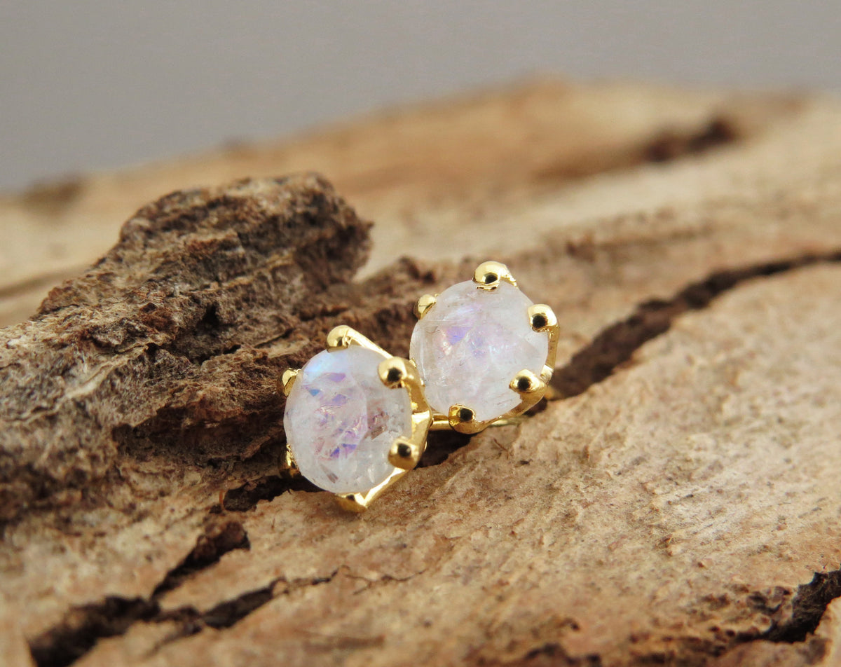 Gemstone Earrings, Moonstone Earrings, 14k Gold Earrings, Gold Stud Earrings, Solitaire Earrings, Anniversary Earrings, Rainbow Stone, Gift