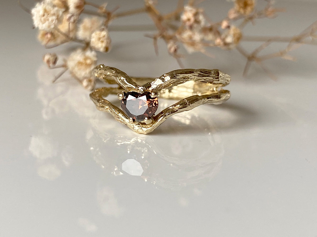 Brown Diamond Ring And Yellow Gold, Brown Diamond Engagement Ring, Heart Diamond Engagement Gold Ring, Heart Solitaire Ring, Unique Diamond