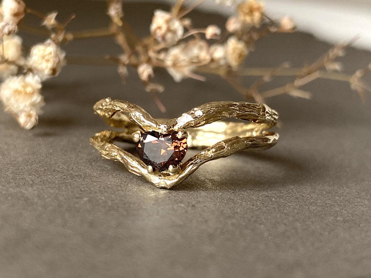 Brown Diamond Ring And Yellow Gold, Brown Diamond Engagement Ring, Heart Diamond Engagement Gold Ring, Heart Solitaire Ring, Unique Diamond