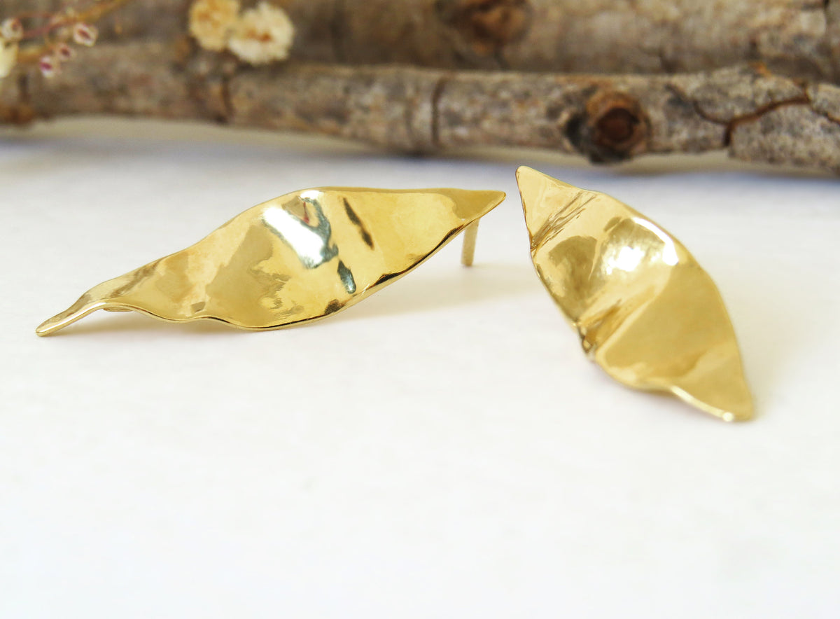 Bridal Earrings, Leaf Earrings, 14K Gold Earrings, Wedding Earrings, Marquise Earrings, Natural Organic Sculptured Handmade Stud Earrings