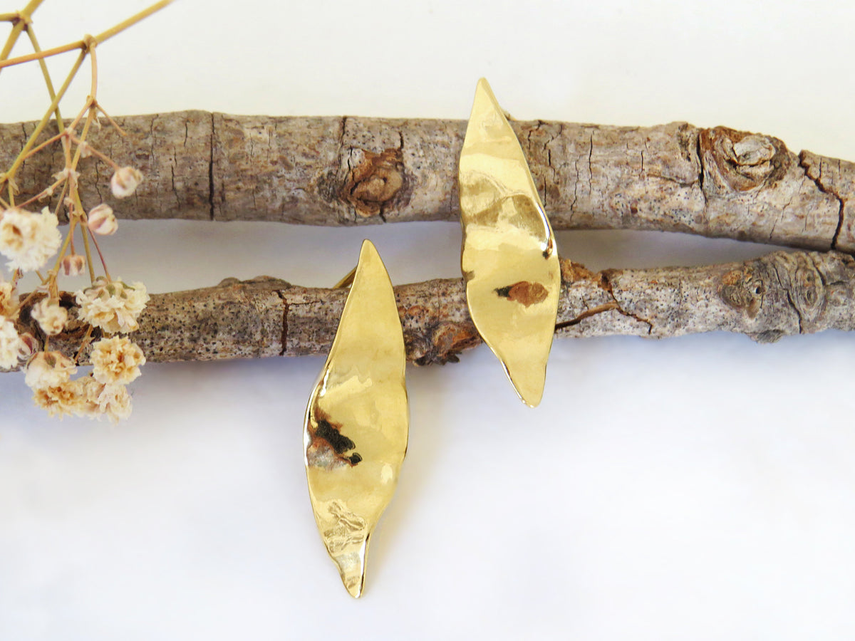 Bridal Earrings, Leaf Earrings, 14K Gold Earrings, Wedding Earrings, Marquise Earrings, Natural Organic Sculptured Handmade Stud Earrings