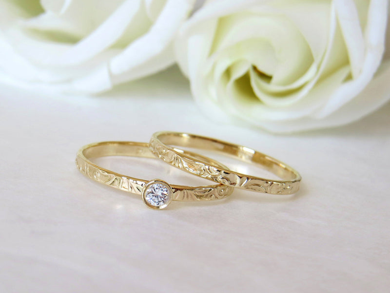 Matching Engagement ring and wedding Ring set - Bridal set, Floral Diamond ring, small diamond ring, wedding band