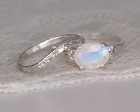 Moonstone Wedding Set, Bridal Set, Gemstone Wedding Set, Oval Moonstone Engagement Ring, Nesting Wedding Band Set, Vintage Engagement Ring