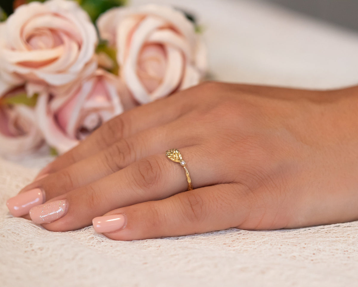 Leaf Ring, Diamond Gold Ring, Nature Inspired Twig Ring Gold Ring, Diamond Stacking Ring, Small Diamond Engagement Ring, Leaf and Twig, Gift