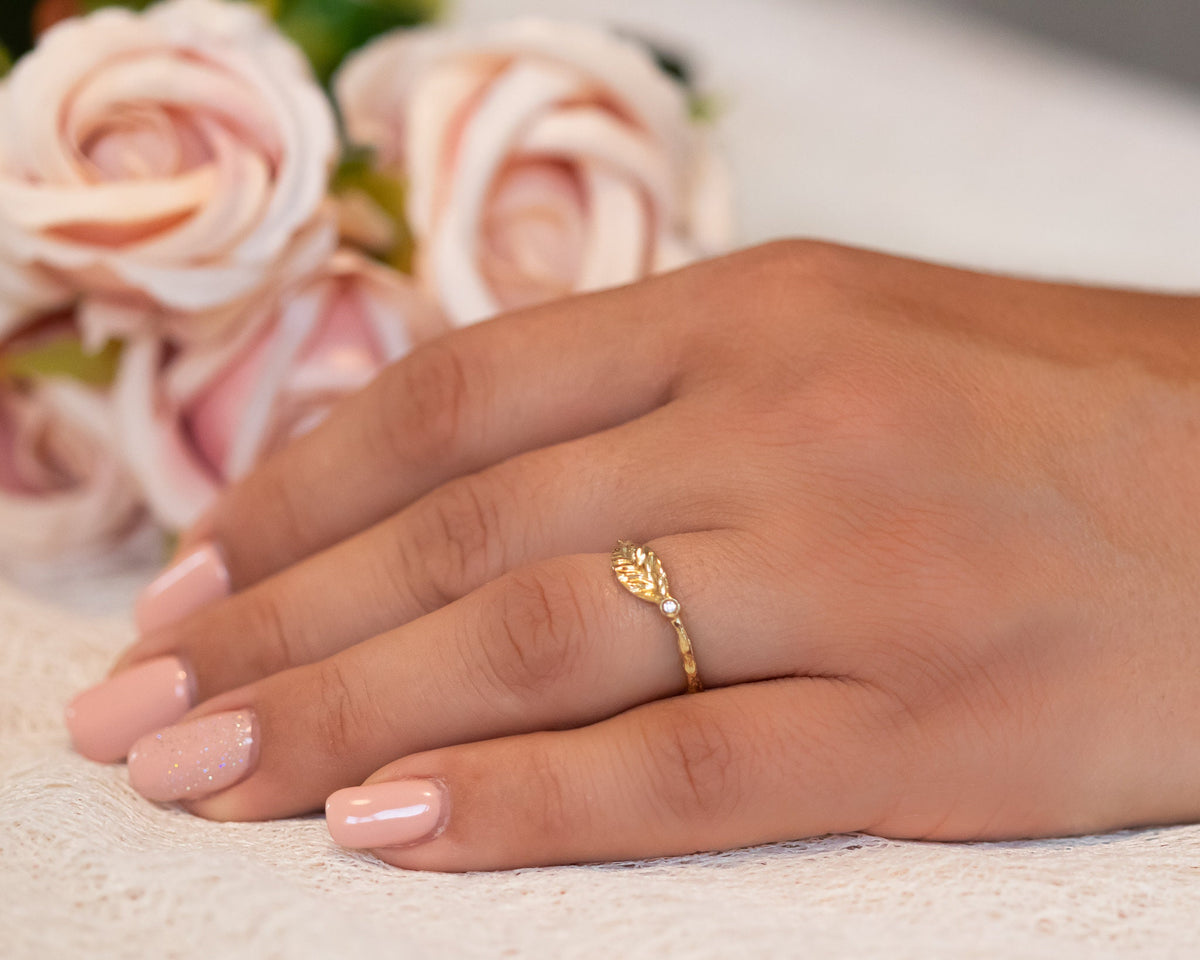 Leaf Ring, Diamond Gold Ring, Nature Inspired Twig Ring Gold Ring, Diamond Stacking Ring, Small Diamond Engagement Ring, Leaf and Twig, Gift