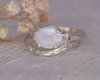 Moonstone Wedding Set, Bridal Set, Gemstone Wedding Set, Oval Moonstone Engagement Ring, Nesting Wedding Band Set, Vintage Engagement Ring