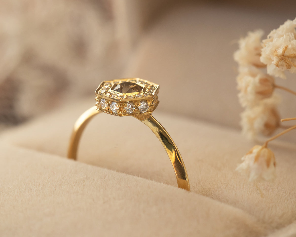 Brown Diamond Engagement Ring, Art Deco Engagement Ring, Hexagon Diamond, Alternative Diamond Engagement Ring, Unique Diamond Ring, OOAK