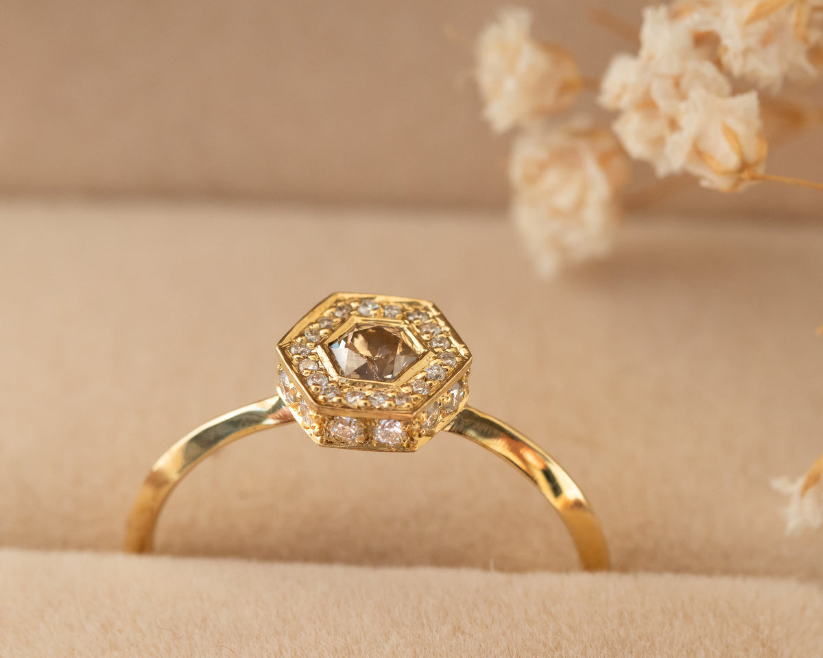 Brown Diamond Engagement Ring, Art Deco Engagement Ring, Hexagon Diamond, Alternative Diamond Engagement Ring, Unique Diamond Ring, OOAK