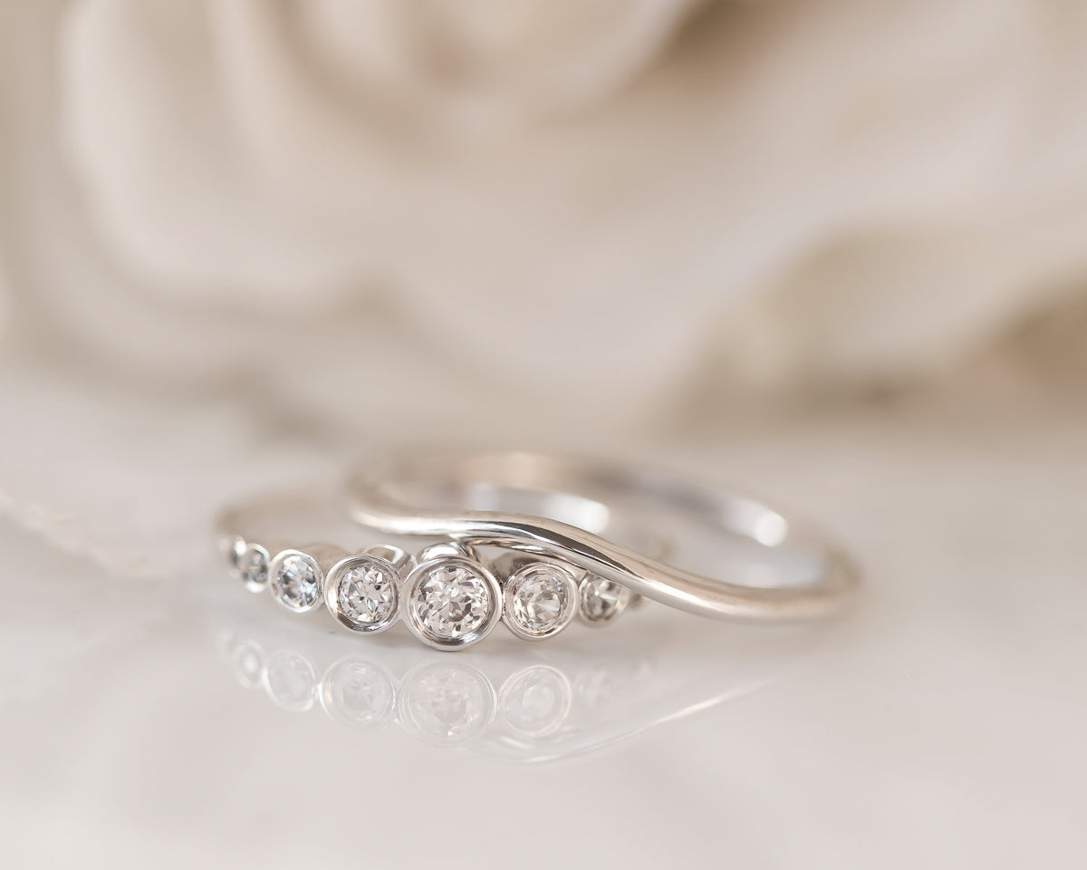 Diamond Bridal Set,  Ring, Bezel Diamond Engagement Ring and Matching Nesting Wedding Band, Diamond Wedding Set, Bezel Diamond Gold Ring Set