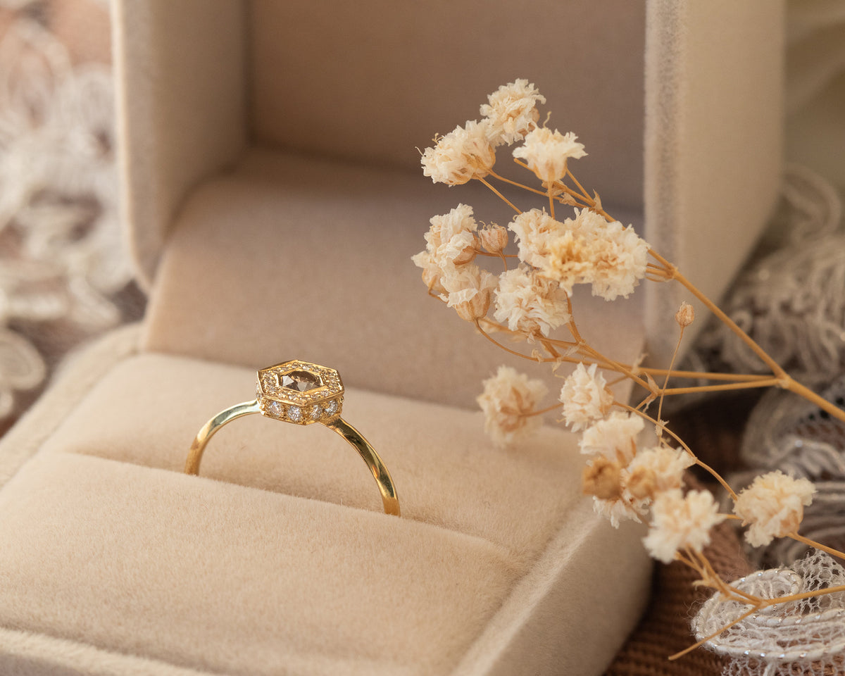 Brown Diamond Engagement Ring, Art Deco Engagement Ring, Hexagon Diamond, Alternative Diamond Engagement Ring, Unique Diamond Ring, OOAK