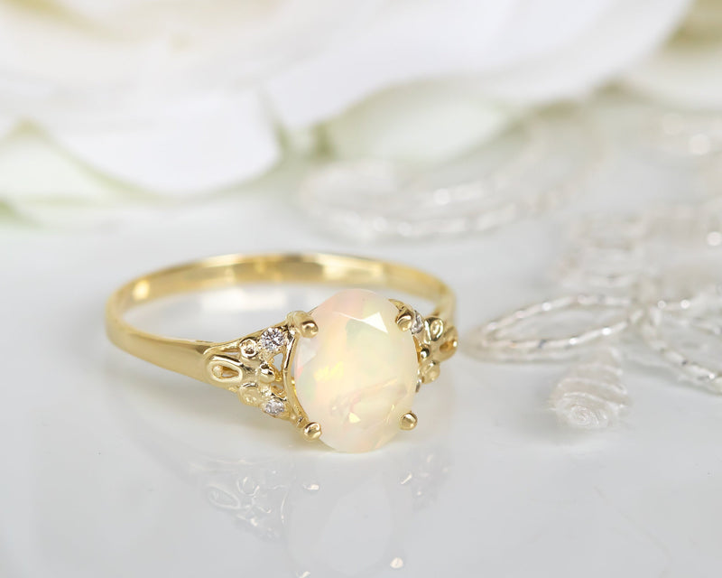 Opal Engagement ring, Diamond Opal Vintage Engagement Ring, Diamond Engagement Ring, Oval Engagement Ring, October Birthstone, Gift