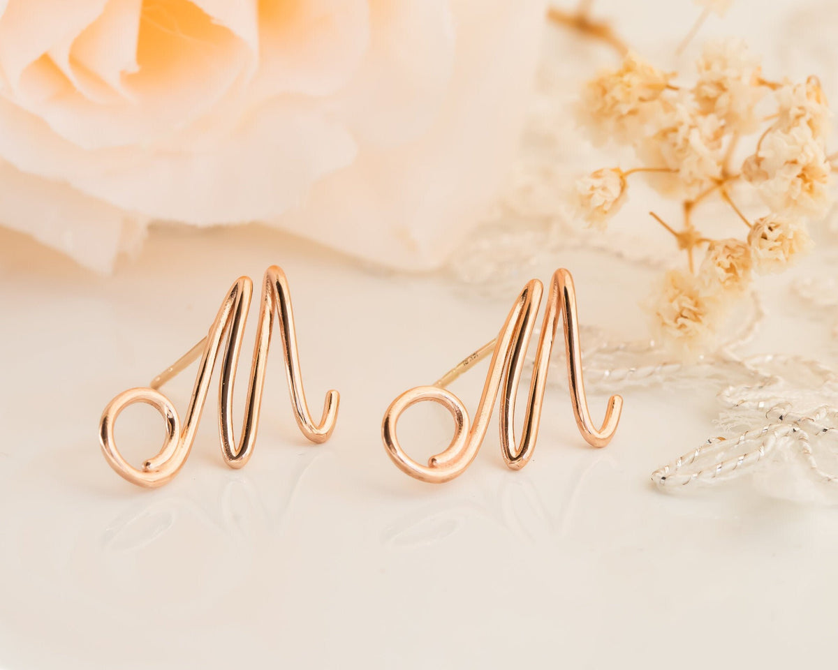 Personalized Earrings, Gold Initial Stud Earrings, Gold Letter Earrings, Initial Earrings, Script Earrings, Anniversary Gift