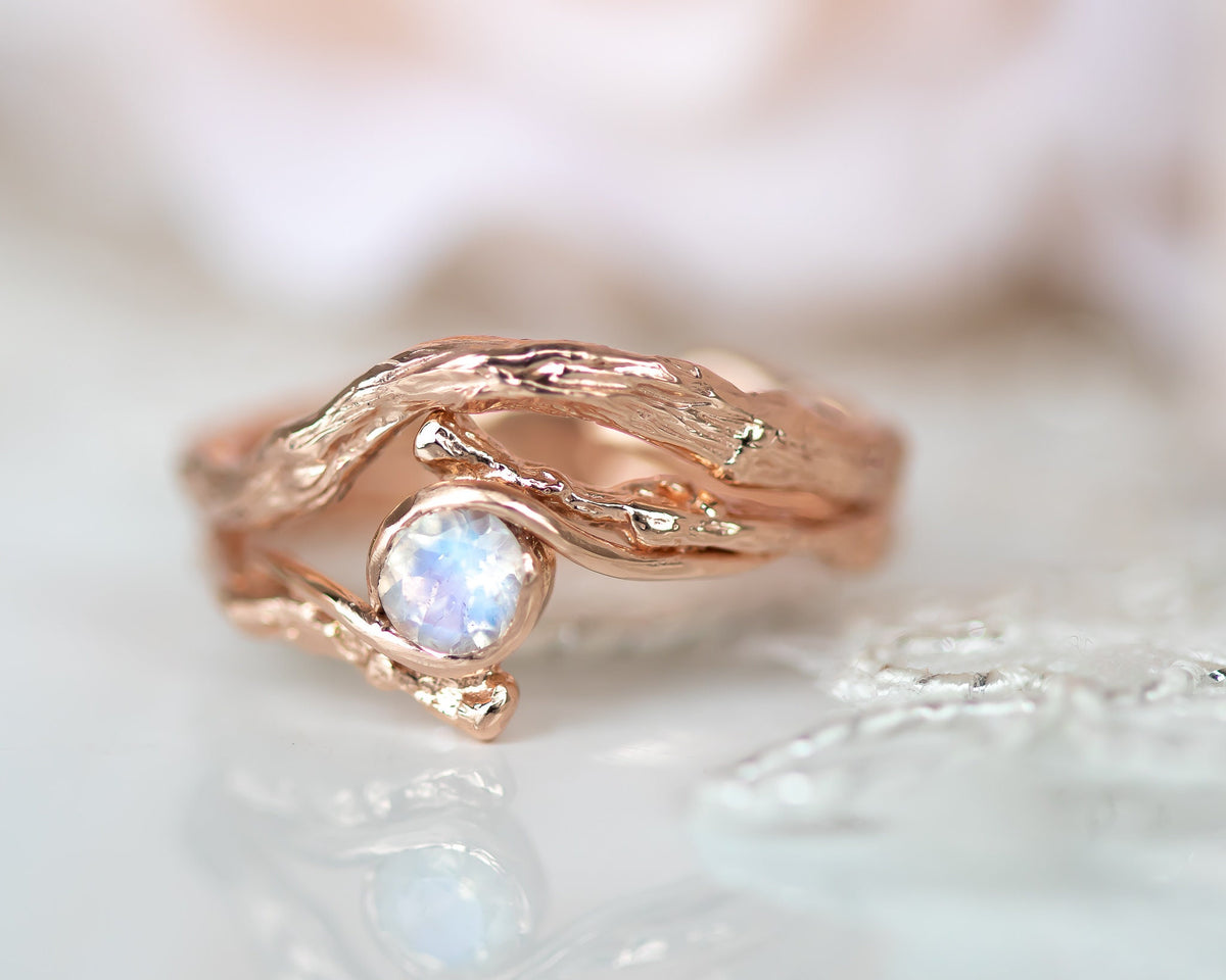 Rose Gold Bridal Set, Moonstone Engagement Ring, Matching Wedding Ring, 14k Gold Moonstone Ring, Moonstone Twig Ring, Moonstone Wedding Set