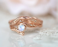 Rose Gold Bridal Set, Moonstone Engagement Ring, Matching Wedding Ring, 14k Gold Moonstone Ring, Moonstone Twig Ring, Moonstone Wedding Set