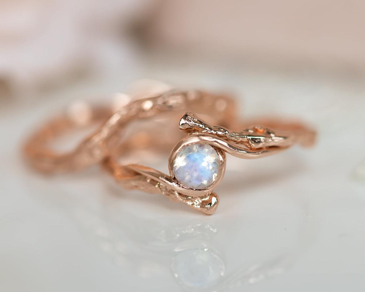 Rose Gold Bridal Set, Moonstone Engagement Ring, Matching Wedding Ring, 14k Gold Moonstone Ring, Moonstone Twig Ring, Moonstone Wedding Set