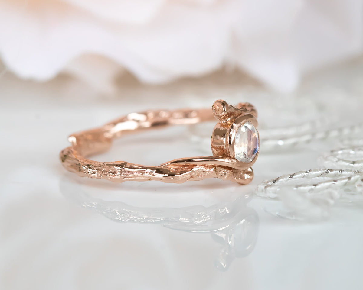Rose Gold Bridal Set, Moonstone Engagement Ring, Matching Wedding Ring, 14k Gold Moonstone Ring, Moonstone Twig Ring, Moonstone Wedding Set