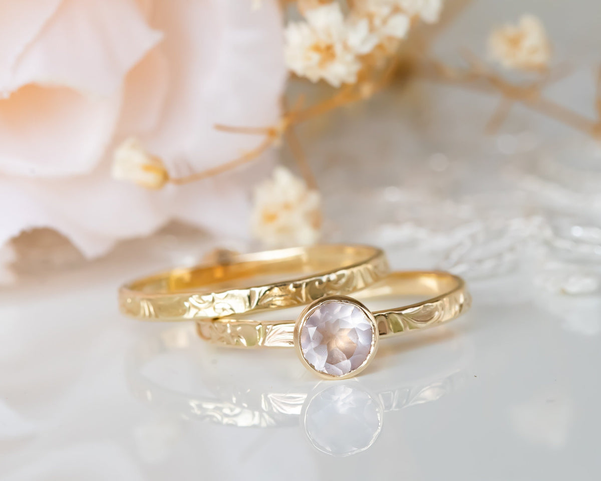 Rose Quartz Ring Set, Wedding Ring Set, Bridal Ring Set, Floral Engagement Ring, Rose Quartz Gold Ring, Pink Ring Set Gold Gemstone Ring Set