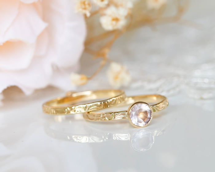 Rose Quartz Ring Set, Wedding Ring Set, Bridal Ring Set, Floral Engagement Ring, Rose Quartz Gold Ring, Pink Ring Set Gold Gemstone Ring Set