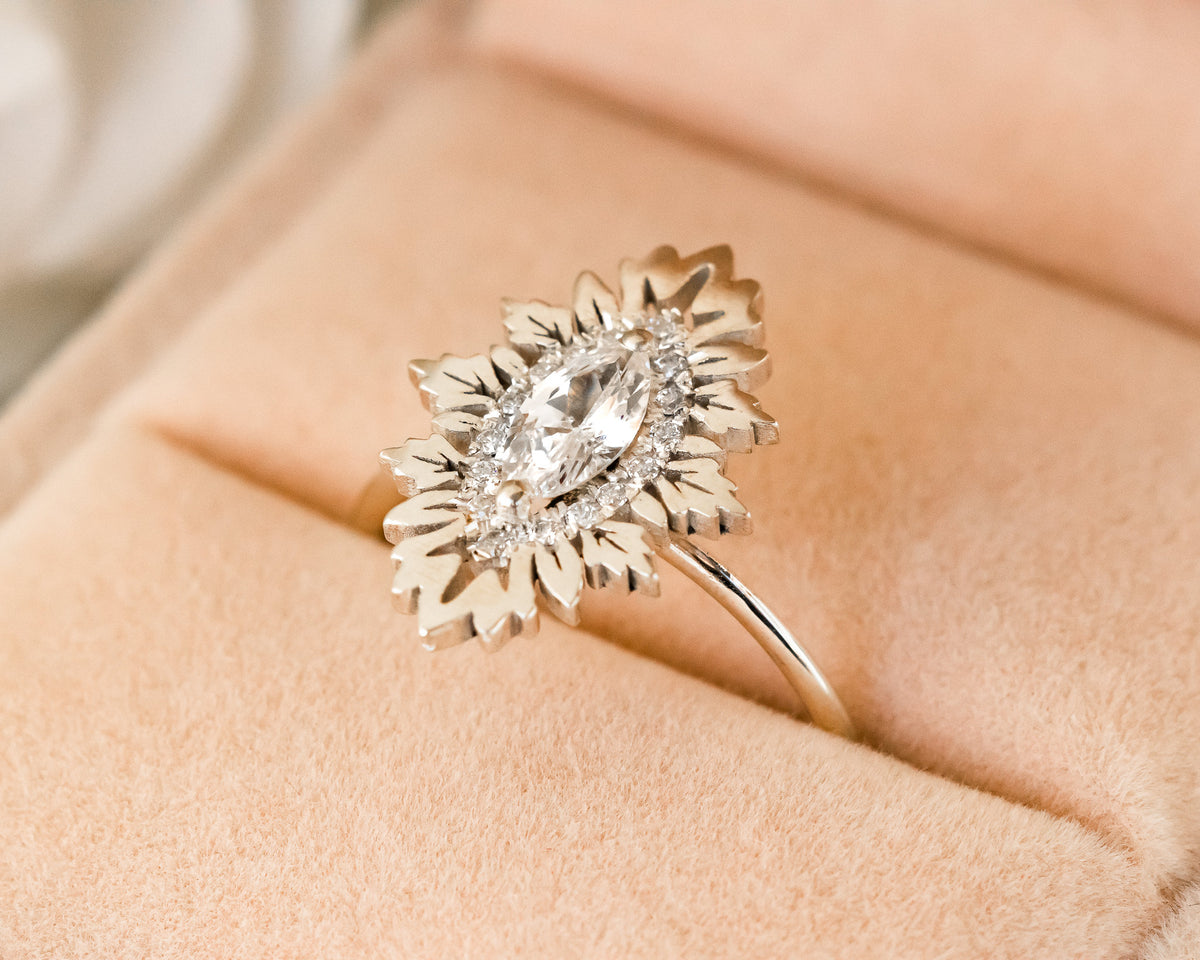 Marquise Engagement Ring, Nature Inspired Ring, Marquise Diamond Ring, Unique Diamond Ring, Alternative Engagement Ring, 14K, 18K