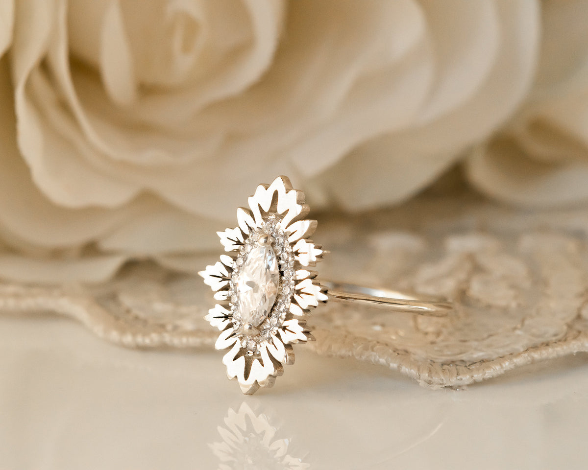 Marquise Engagement Ring, Nature Inspired Ring, Marquise Diamond Ring, Unique Diamond Ring, Alternative Engagement Ring, 14K, 18K