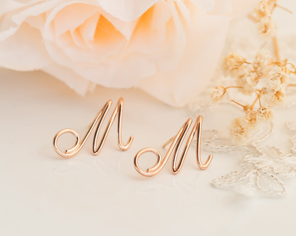 Personalized Earrings, Gold Initial Stud Earrings, Gold Letter Earrings, Initial Earrings, Script Earrings, Anniversary Gift