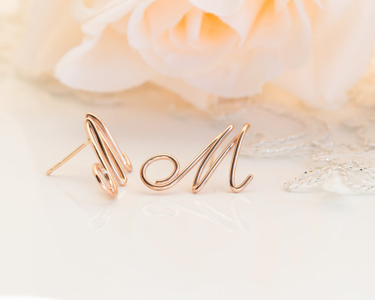 Personalized Earrings, Gold Initial Stud Earrings, Gold Letter Earrings, Initial Earrings, Script Earrings, Anniversary Gift