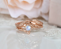 Rose Gold Bridal Set, Moonstone Engagement Ring, Matching Wedding Ring, 14k Gold Moonstone Ring, Moonstone Twig Ring, Moonstone Wedding Set