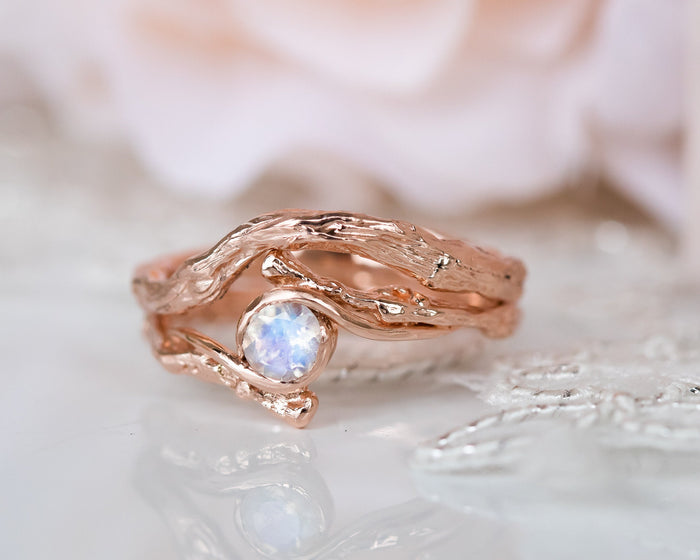Rose Gold Bridal Set, Moonstone Engagement Ring, Matching Wedding Ring, 14k Gold Moonstone Ring, Moonstone Twig Ring, Moonstone Wedding Set